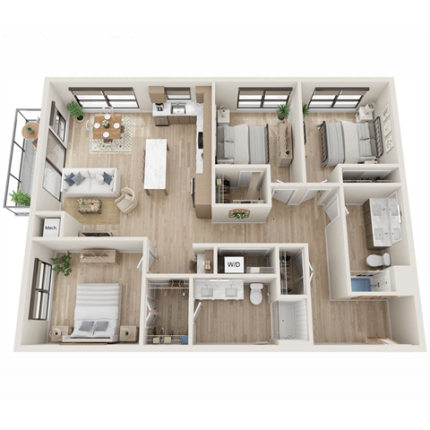 Floor plan for 3 beds, 2 baths, 1424 sqft
